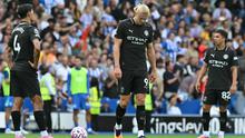 Pemain Manchester City tertunduk lesu saat kalah dari Brighton di Liga Inggris (AFP)