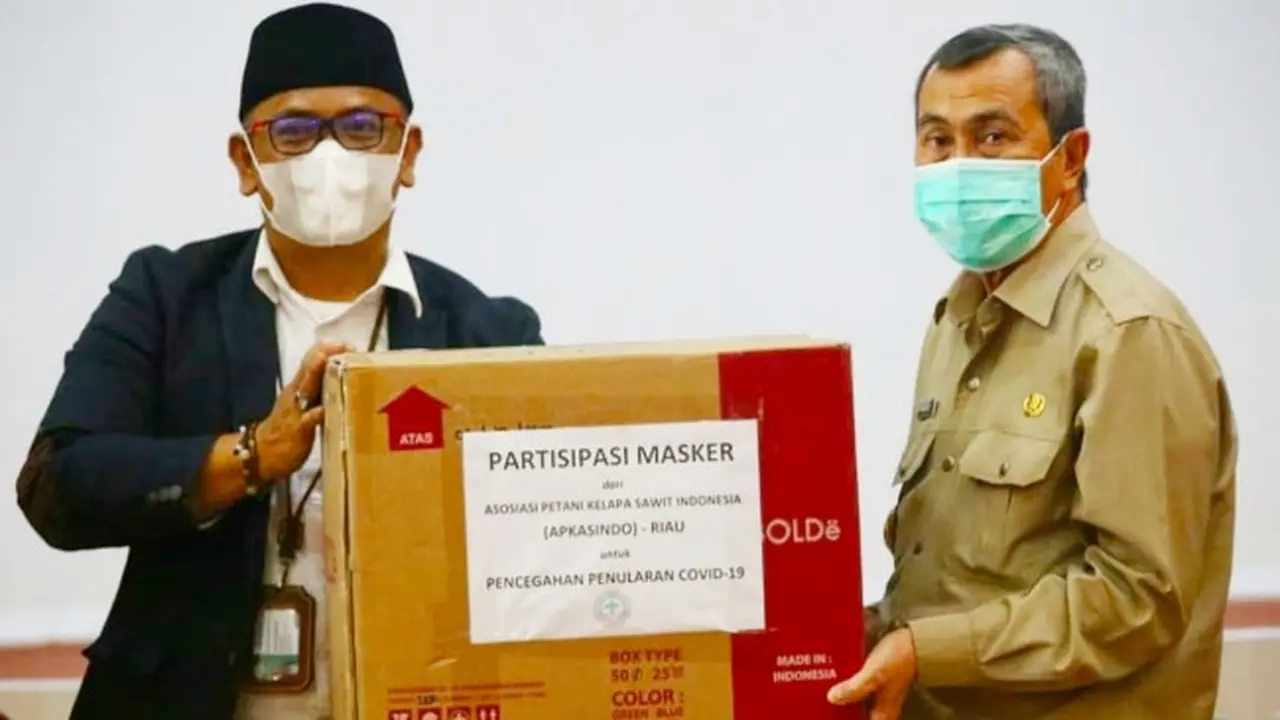 Ketua DPP Apkasindo menyerahkan bantuan masker dari petani sawit ke Gubernur Riau Syamsuar.