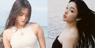 Lihat di sini beberapa potret adu pesona yang mirip antara Fuji dan Eca Aura saat main air di pantai.