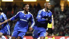 Chelsea's Nicola Anelka celebrates after scoring first goal against Watford as Didier Drogba runs beside during their FA Cup match at Vicarage Road in Watford, on February 14, 2009. AFP PHOTO/Chris Ratcliffe