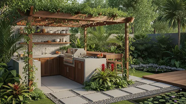 Dapur Outdoor dengan Konsep Taman Tropis