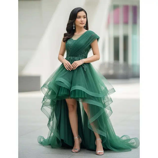 Dress Tile High-Low dengan Layer Asimetris