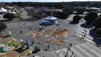 Pandangan dari atas pengunjung melihat gambar seekor anjing Shiba Inu dan dua anaknya berukuran 22.5mx 27m di Taman Seaside Hitachi, Utara Tokyo, (29/12). Kegiatan tersebut untuk merayakan kedatangan Tahun Anjing. (AFP PHOTO / Toshifumi Kitamura)