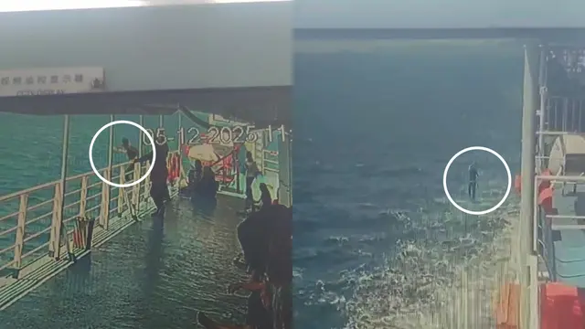 Tangkapan layar rekaman kamera pengawas penumpang nekat lompat dari kapal.