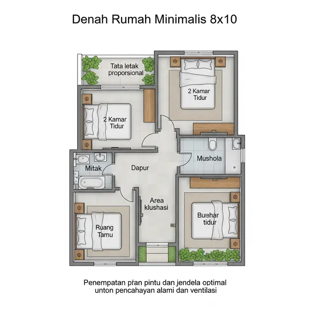 Desain Rumah Minimalis 8x10 dengan 2 Kamar Tidur dan Mushola di Sisi Samping