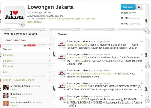 Contoh salah satu akun yang menawarkan info lowongan kerja