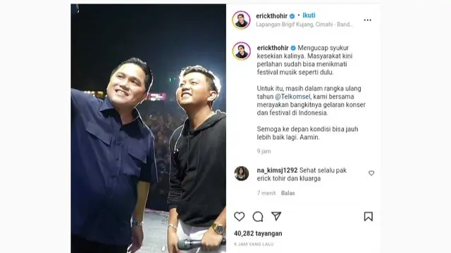 Menteri Badan Usaha Milik Negara (BUMN) Erick Thohir membagikan momen spesial. Kini, ia terlihat manggung bersama penyanyi Denny Caknan.