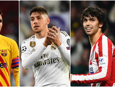 Performa apik Joao Felix bersama Atletico Madrid di beberapa laganya membuat nilai pasar pemain asal Portugal ini menyamai harga pasar Lionel Messi pada musim ini. Berikut 6 pemain Liga Spanyol yang memiliki nilai harga pasar tertinggi saat ini. (kolase foto AFP)