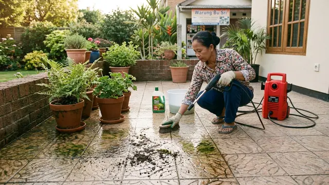 Cara Menghilangkan Noda Tanah Bekas Pot Tanaman di Teras (AI Generated)