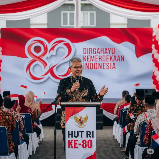 Foto ilustrasi ketua lingkungan perumahan yang sedang memberikan kata-kata sambutan di acara 17 Agustus. Foto; Gemini