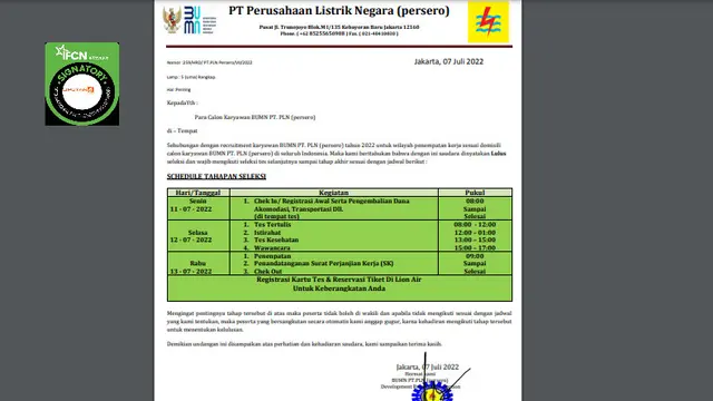 Tangkapan layar surat pemanggilan seleksi calon karyawan PLN