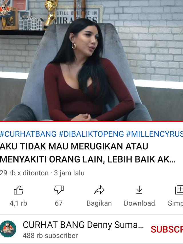 Millen Cyrus di kanal YouTube Denny Sumargo. (Foto: YouTube Curhat Bang Denny Sumargo)