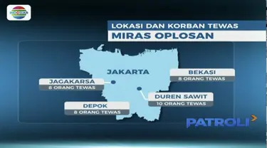 Jumlah korban minuman keras oplosan terus bertambah dan meluas ke sejumlah daerah. Di Tangerang Selatan, Banten dua orang dilaporkan tewas. Sedangkan di Cianjur, dua orang dalam kondisi kritis dibawa ke rumah sakit, akibat menenggak miras oplosan.