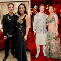 Di pesta pranikah hari pertama, pasangan tersebut tampil serasi dalam balutan busana serba hitam. [@zuck@priscillachan]