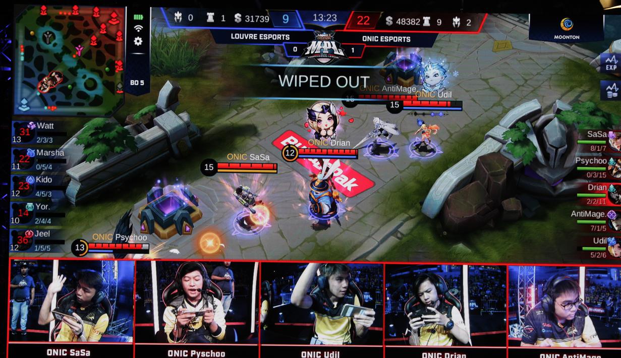 Layar saat tim e-Sports, Onic, melawan Louvre pada Grand Final Turnamen Mobile Legends: Bang Bang Profesional League (MPL) Indonesia Season 3 di Britama Arena, Jakarta, Jumat (3/5). Onic menang 3-0 atas Louvre. (Bola.com/Vitalis Yogi Trisna)