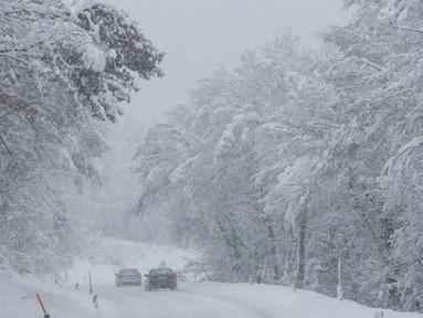 Mobil melintasi jalan yang tertutup salju di Kocevje, dekat Ljubljana Slovenia, Senin (23/1/2023). Badai salju dengan angin kencang telah menghambat lalu lintas di jalan raya utama di Slovenia pada hari Senin dan menyebabkan beberapa bagian negara tanpa listrik untuk sementara waktu. (AP Photo)