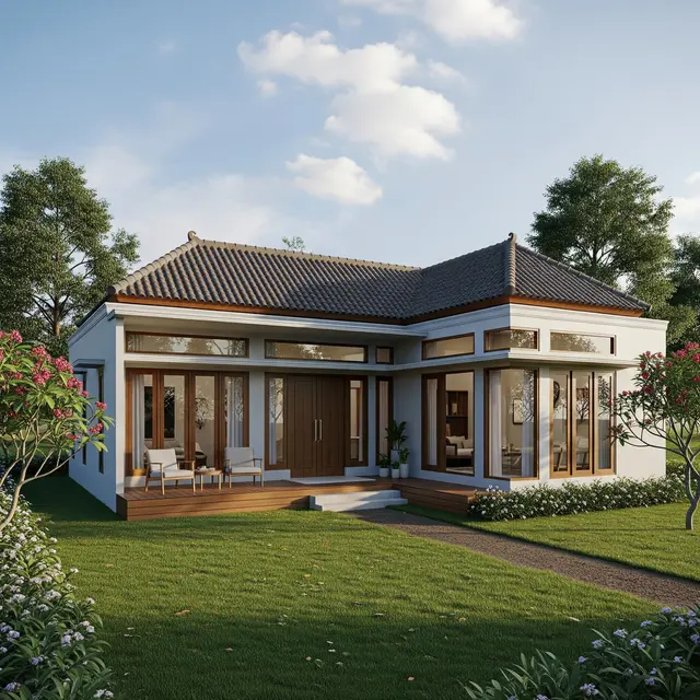 Rumah Minimalis 1 Lantai Atap Limas di Desa (Gemini AI)
