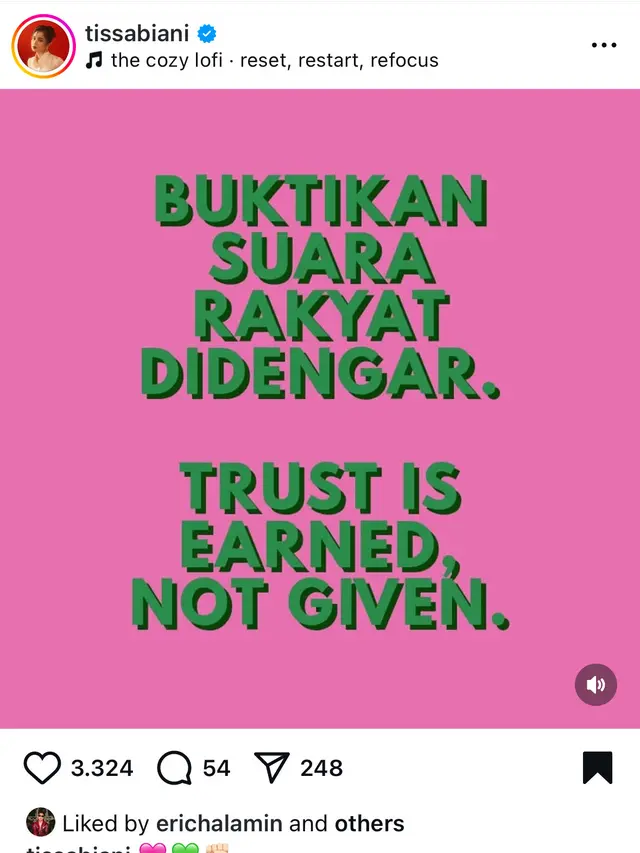 Tissa Biani jadi salah satu artis yang menyuarakan pendapat situasi saat ini di media sosial. [@tissabiani]