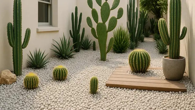Model Taman Samping Rumah Kecil dengan Batu Koral
