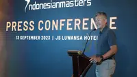 Founder Indonesian Masters sekaligus Ketua Asian Tour, Jimmy Masrin, saat memberikan sambutan pada konferensi pers penyelenggaraan turnamen golf Indonesian Masters yang digelar di JW Luwansa Hotel, Rabu (13/9/2023). Turnamen golf ini akan digelar di Royale Jakarta Golf Club pada 16-19 November 2023. (Dok. Asian Tour)