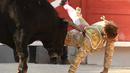 Tanduk banteng Spanyol Jandilla tepat mengenai bagian belakang matador dari Prancis Andy Younes saat kompetis Feria du Riz di Arles, Prancis (4/1). (AFP/Boris Horvat)