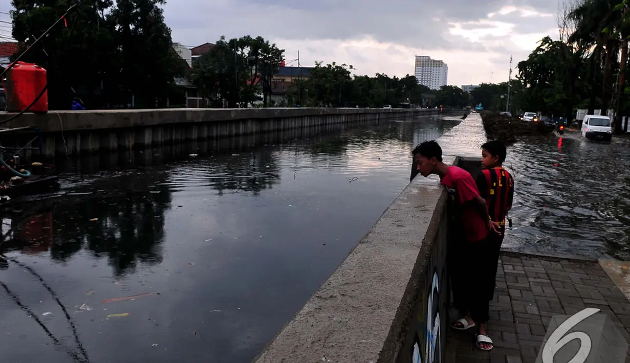 Sejumlah bocah melihat Anak Kali Ciliwung yang sedang meluap, Jakarta Pusat, Jumat (5/12/2014). (Liputan6.com/Johan Tallo)