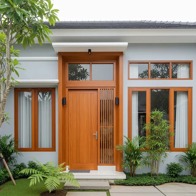 Rumah Minimalis dengan Pintu dan Jendela Beraksen Kayu (Image by Gemini AI)