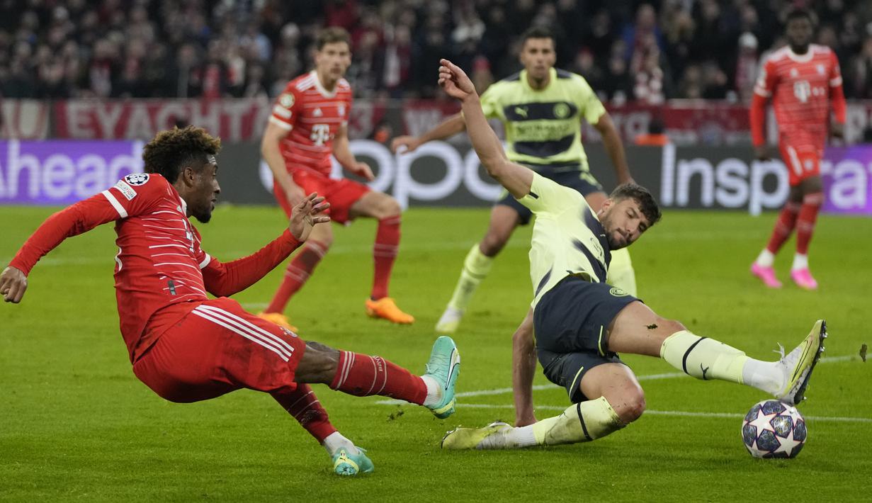 Saat bertandang ke Allian Arena, Man City mampu menahan imbang Bayern dengan skor 1-1 sekaligus membuat agregat menjadi 4-1. (AP Photo/Matthias Schrader)