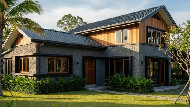Rumah Kampung Kombinasi Batu Andesit dan Kusen Hitam (Gemini AI)