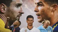Ilustrasi - Kylian Mbappe, Erling Haaland, Jude Bellingham Dengan Rivalitas Cristiano Ronaldo dan Lionel Messi (Bola.com/Adreanus Titus)