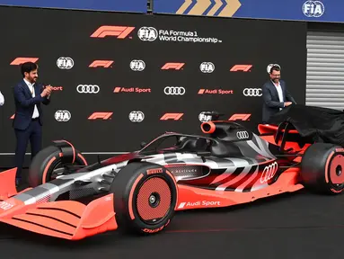 Merek asal Jerman, Audi resmi menungumumkan rencana keikutsertaannya di ajang Formula 1 pada musim 2026 sebelum konferensi pers pembalap dan tim di F1 Belgia 2022, Jumat (26/8/2022). (AFP/John Thys)