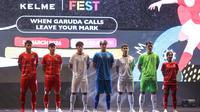 Kelme Indonesia resmi memperkenalkan jersey terbaru Timnas Indonesia. Peluncuran tersebut berlangsung dalam acara Leave Your Mark Fest 2026 di Plaza Utara Gelora Bung Karno (GBK), Jakarta Pusat, pada Kamis (12/3/2026). (Bagaskara Lazuardi)