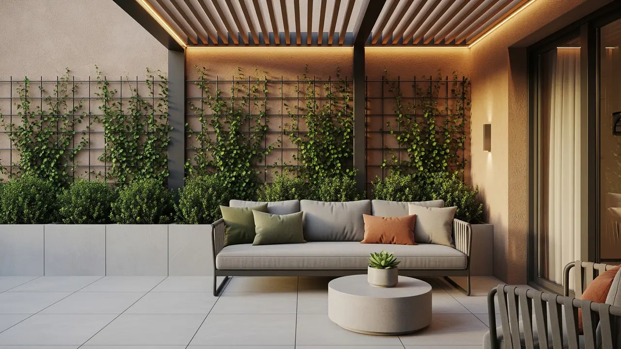 Teras Earth Tone dengan Kombinasi Tanaman Rambat (AI Generated)