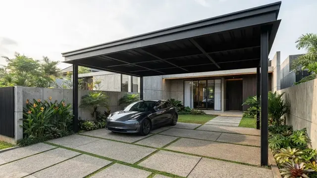 Carport Industrial dengan Kombinasi Beton dan Rumput