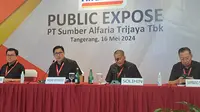 Corporate Secretary PT Sumber Alfaria Trijaya Tbk (AMRT) Tomin Widian dalam agenda&nbsp; Public Expose yang berlangsung pada Kamis 16 Mei 2024. (Pramita/Liputan6.com)