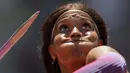 Ekspresi wajah dari Erica Bougard asal Amerika Serikat saat bertanding dalam lempar lembing pada Olimpiade Tokyo 2020, Kamis (5/8/2021). (Foto: AP/Matthias Schrader)