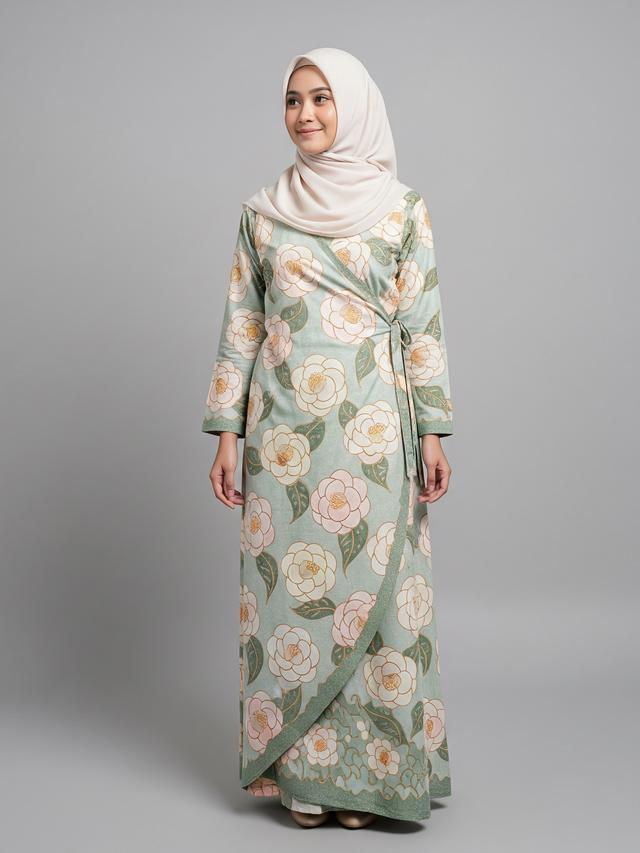 Gamis Batik Wrap Dress Motif Bunga Camellia Pastel