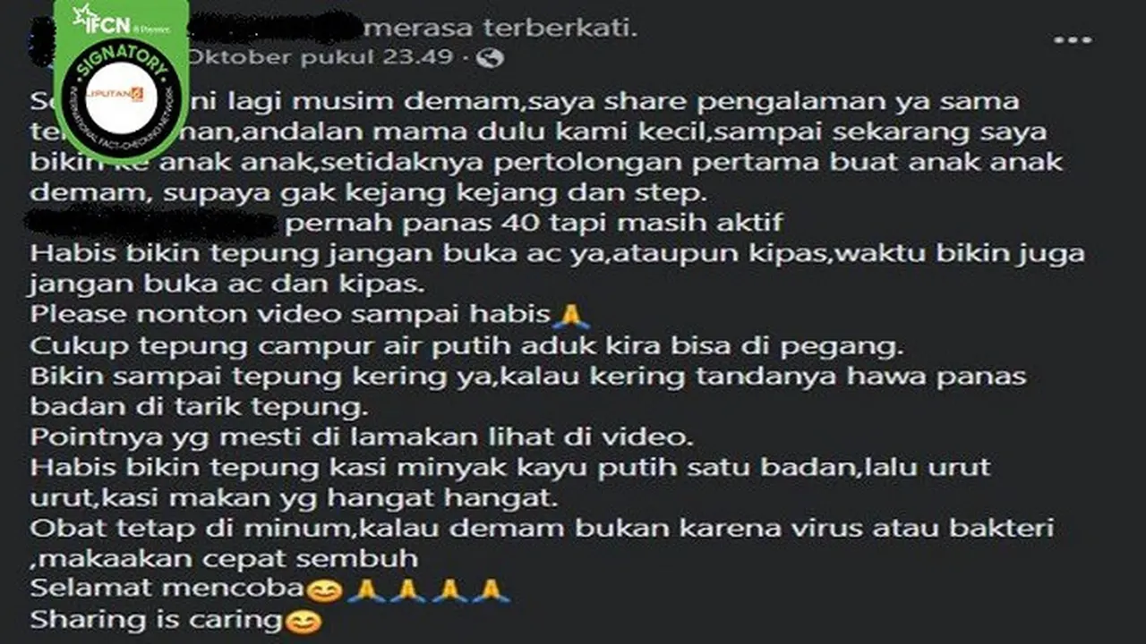 Gambar Tangkapan Layar Klaim Menempelkan Tepung Beras di Tubuh Bisa Meredakan Demam pada Anak (sumber: Facebook).