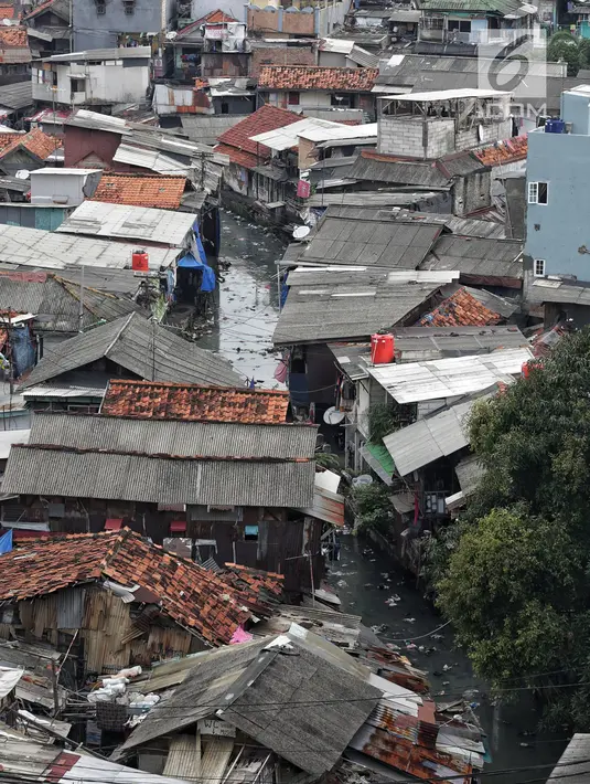 Sebuah sungai melintasi pemukiman padat penduduk di Jakarta Pusat, Kamis (31/1). Berdasarkan survei Euromonitor International, Jakarta akan menjadi kota paling padat di dunia pada 2030. (Liputan6.com/Faizal Fanani)