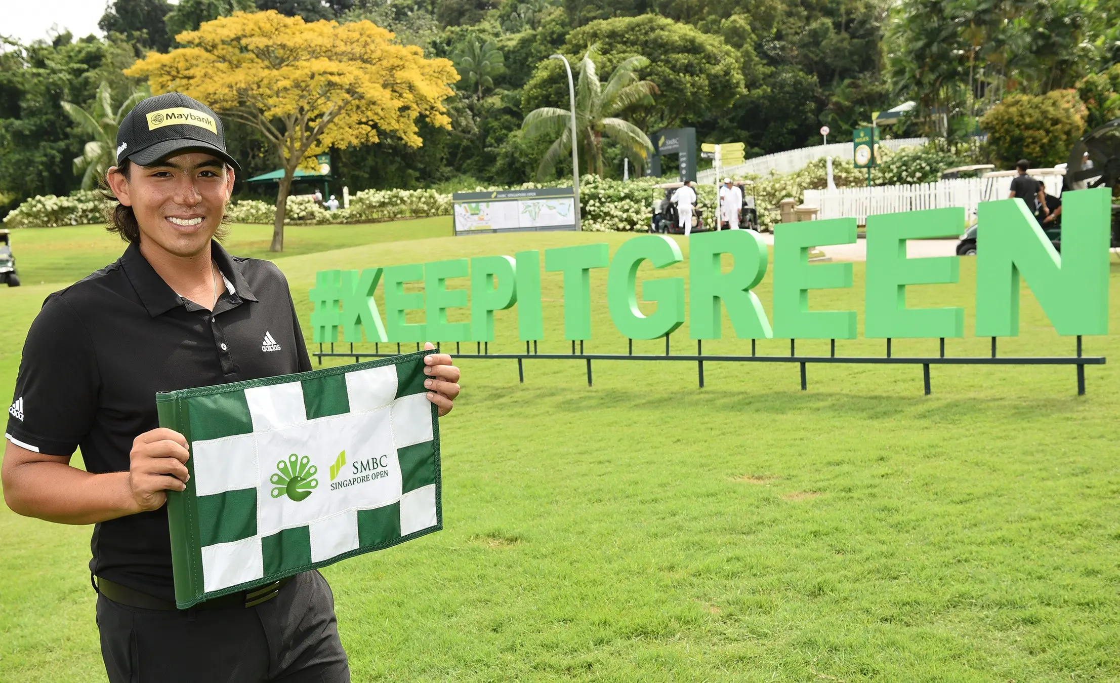 Gavin Green, pegolf asal Malaysia ikut mendukung kampanye #KeepItGreen di SMBC Singapore Open 2018. (Liputan6.com/Ahmad Fawwaz Usman)