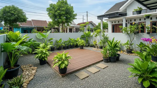 Inspirasi Taman Rumah di Desa Tanpa Rumput Model Taman Dek Kayu dan Pot