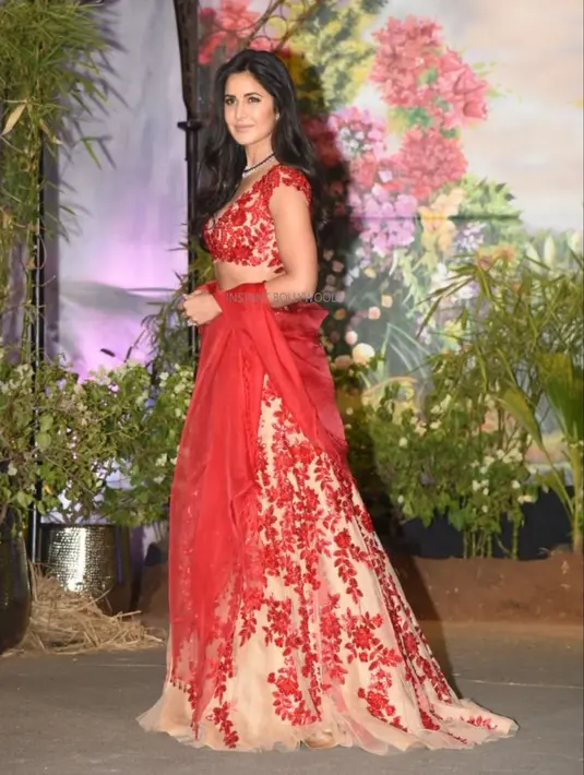 Katrina Kaif tampil memesona saat hadir di pernikahan Sonam Kapoor dan Anand Ahuja. Ia terlihat begitu cantik dengan mengenakan busana warna merah. (Foto: instagram.com/instantbollywood)