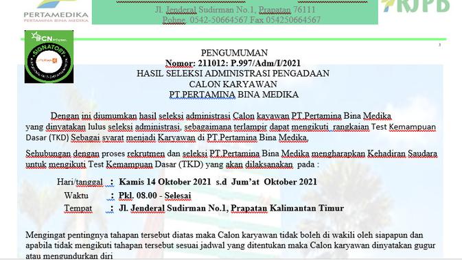 Cek Fakta Liputan6.com menelusuri surat pemanggilan seleksi calon karyawan PT Pertamina Bina Medika