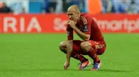 Ekspresi Arjen Rpbben saat gagal mengeksekusi penalti saat Bayern Muenchen melawan Chelsea di final Liga Champions 2011/2012. (AFP)