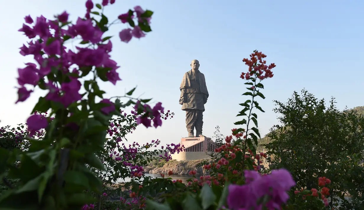 Patung tertinggi dunia, "Statue Of Unity", yang dibangun di negara bagian Gujarat, India, Selasa (30/10). Patung Persatuan yang berukuran 182 meter atau dua kali lebih tinggi dari Patung Liberty ini menelan biaya lebih dari Rp 6 triliun (SAM PANTHAKY/AFP)