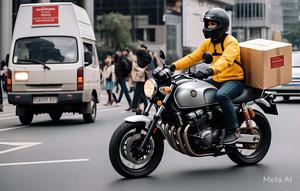 Kurir mengirim paket dengan sepeda motor. (Liputan6.com/Meta Ai)