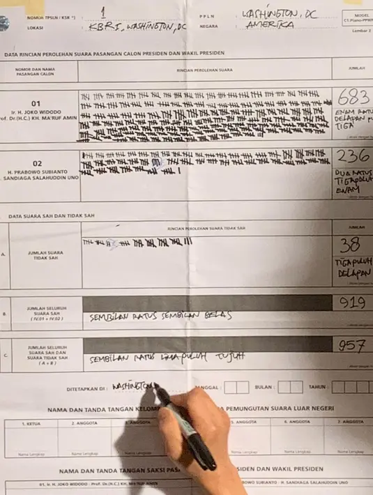 Petugas KPPS Luar Negeri mencatat perolehan suara saat penghitungan suara Pemilu 2019 yang dikirimkan melalui pos maupun yang dicoblos langsung di TPS oleh pemilih WNI, di KBRI Washington DC, Kamis (18/4). Jokowi meraih 1113, sementara pasangan Prabowo-Sandi meraih 352 suara. (Liputan6.com/HO/Butet)
