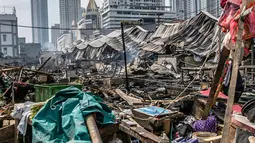 Suasana Pasar Kambing usai terbakar di Jalan Sabeni RT 1 RW 12, Kebon Melati, Tanah Abang, Jakarta, Jumat (9/4/2021). Tak ada korban jiwa atau luka akibat musibah tersebut. (Liputan6.com/Faizal Fanani)