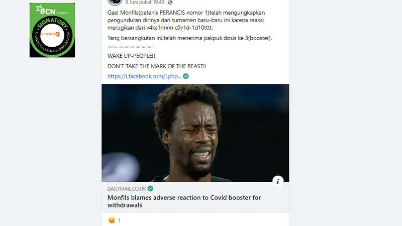 Tangkapan layar klaim  Petenis Prancis Gael Monfils mundur dari turnamen karena reaksi merugikan vaksin Booster