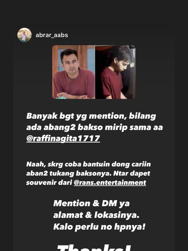 Raffi Ahmad Buat Sayembara untuk Bertemu Pedagang Bakso Viral yang Mirip Dengannya. (instagram.com/raffinagita1717)